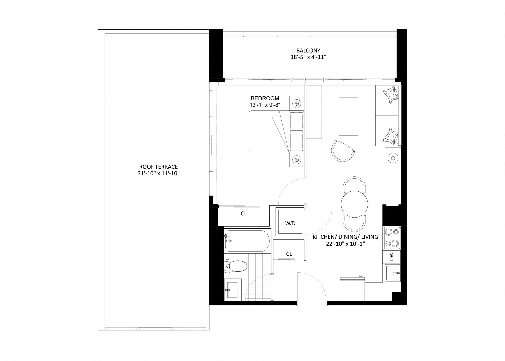 Floor plan for 1 bed, 1 bath, 496 sqft